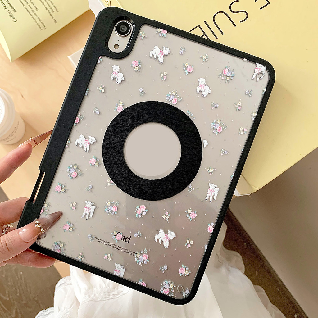 Vỏ Có Thể Tháo Rời Cho Mini6 Mini7 A17Pro iPad 5 6 7 8 9 10th 11th A16 Air4 Air5 Air6 Pro11 Pro12,9 2018 Air M2 Pro M4 11 13 2024 Vỏ Da Họa Tiết Hoa Đen Khe Cắm Bút Chì