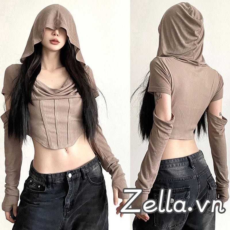 Áo Crop top nữ có mũ trùm đầu phong cách Gothic Áo thun dài tay cổ Cowl có lỗ nhỏ