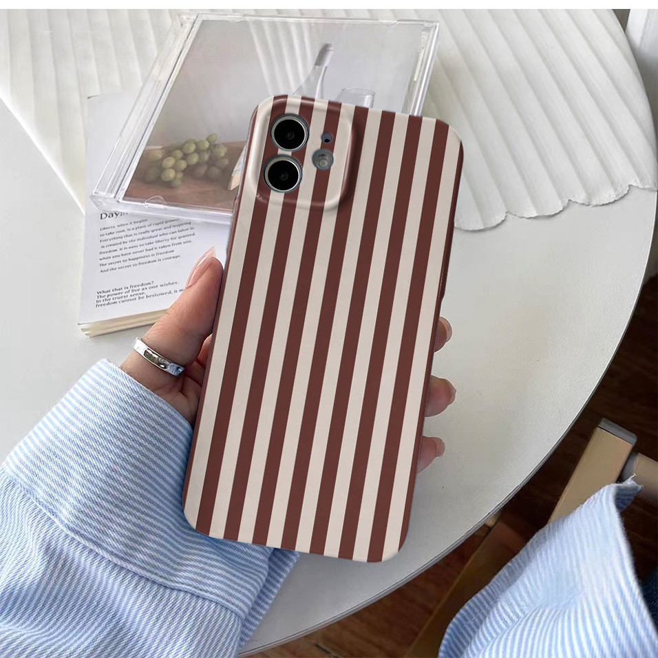 Ốp điện thoại sọc trắng và nâu cho iPhone16PM 15ProMax 11Pro 12MINI SAMSUNG S22 / 23 / 24 / 25 13plus 7 / 8 SE XS XR Vỏ cứng bóng