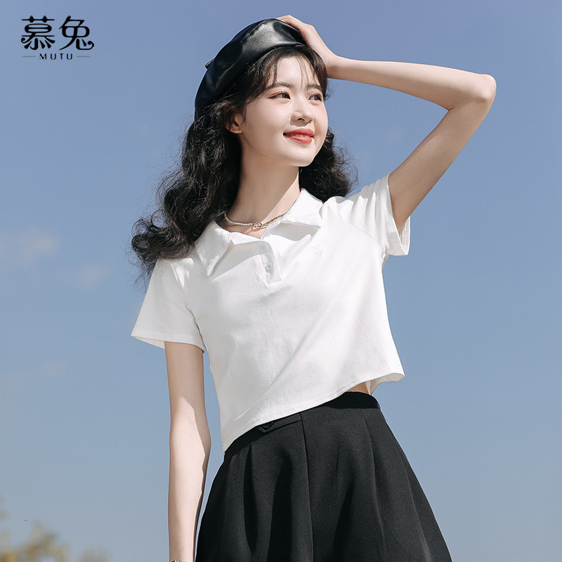 Mutu Polo Áo Thun Nữ Tay Ngắn Màu Trắng Mùa Hè, Phong Cách Cho Hot Girl