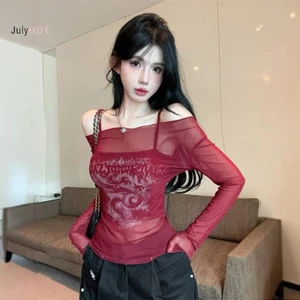 Áo thun nữ lưới mỏng ngoài vai retro gothic, tay dài gợi cảm, phù hợp mùa hè