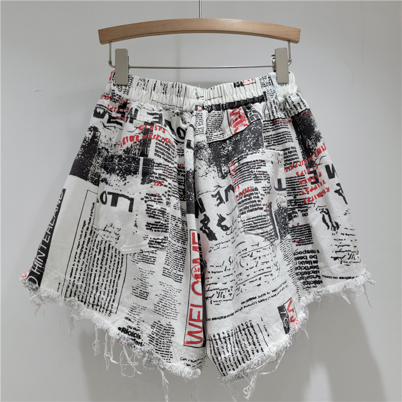 Chữ Cái Tiếng Anh Báo In Hình Chữ A Quần Short Châu Âu Phong Cách Mỹ Đường Phố Chân Dài Cổ Co Giãn Eo Quần Short Chân Rộng