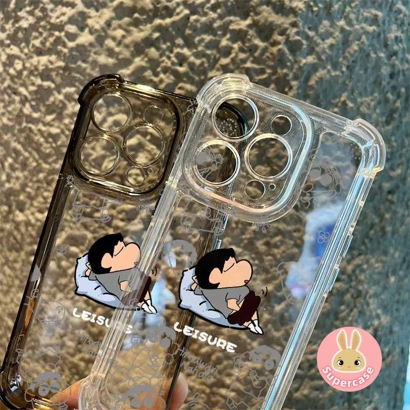 Vỏ AirBag màu đen hoạt hình cho iPhone 17 Air 16 15 14 Plus 13 12 Mini 11 Pro Max XR XS Max X 8 7 6 6s Plus SE3 SE2 Vỏ điện thoại chống sốc mềm mại dễ thương Crayon Shin-chan