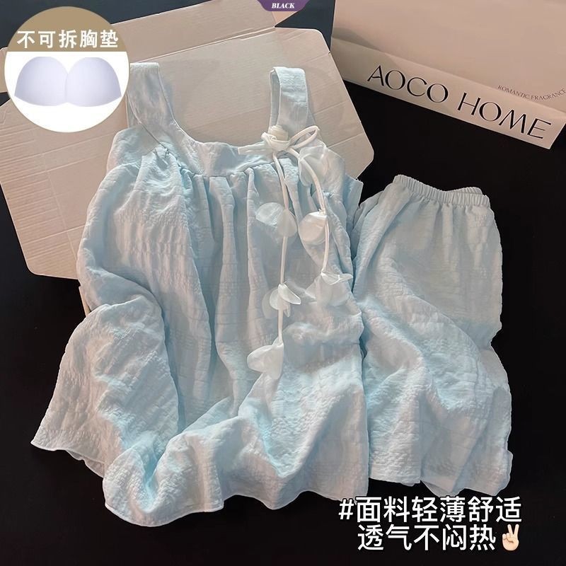Bộ Đồ Ngủ Màu Xanh Cho Nữ, Phong Cách Công Chúa Họa Tiết Hoa, Thích Hợp Mùa Hè