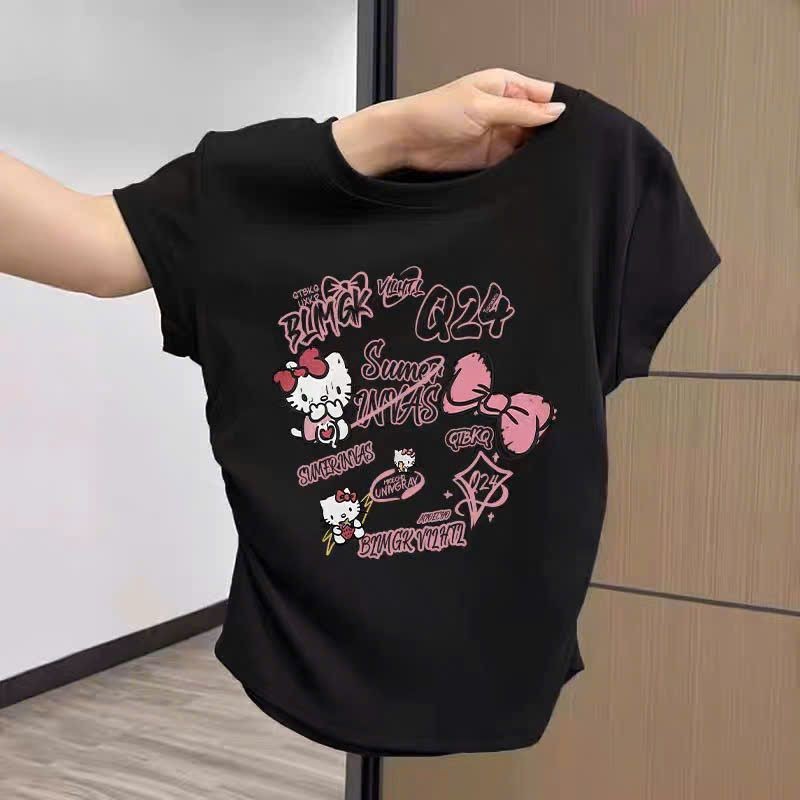áo thun tăm croptop CHO BÉ GÁI 25kg-48kg ngắn cộc tay chất tăm lạnh-in hình mèo CUTE