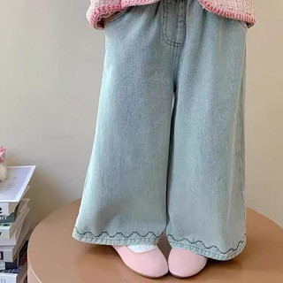 Mùa Xuân Thu Phong Cách Mới Bé Gái Quần Jean Trẻ Em Xanh Nhạt Thẳng Quần Thêu Thời Trang Phiên Bản Hàn Quốc Quần Dài Cho Bé