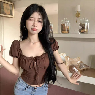Áo thun nữ mùa hè 2025 cổ vuông tay bồng viền diềm gợi cảm dáng ngắn sexy