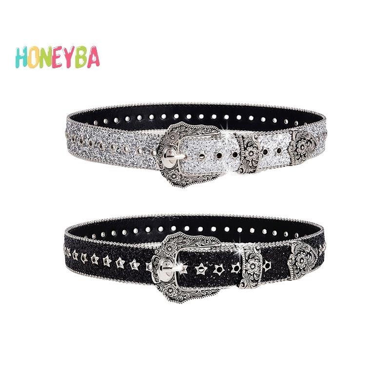 < Honeyba > Thắt lưng đính đá Gothic cá tính dành cho nữ Thắt lưng da thời trang bé gái Western Cowboy Y2K Retro Jeans Váy trang trí Thắt lưng