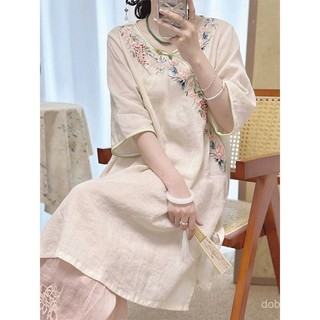 Áo đầm phong cách cổ điển Trung Quốc, vải lanh cotton thêu họa tiết thiền trà