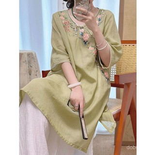 Áo đầm phong cách cổ điển Trung Quốc, vải lanh cotton thêu họa tiết thiền trà