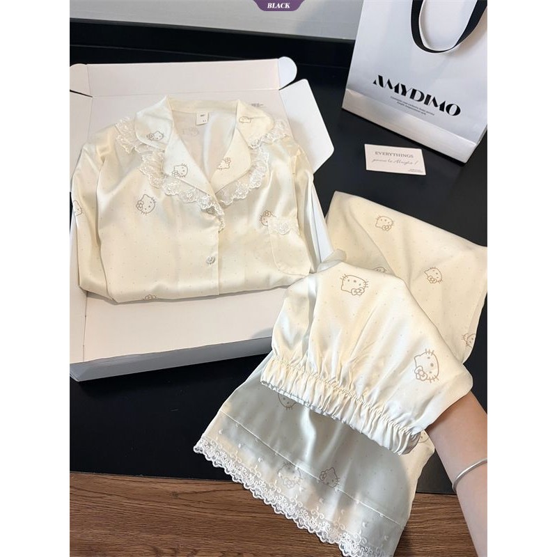Bộ Đồ Ngủ Nữ Xuân Thu Hello Kitty Ren Dài Tay - Phong Cách Ins
