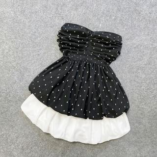 Set đồ bigsize nữ 2 món gồm áo kiểu cúp ngực chấm bi có dây trong và váy bí dáng xòe bồng có lưng chun - SET(A186+CV413)