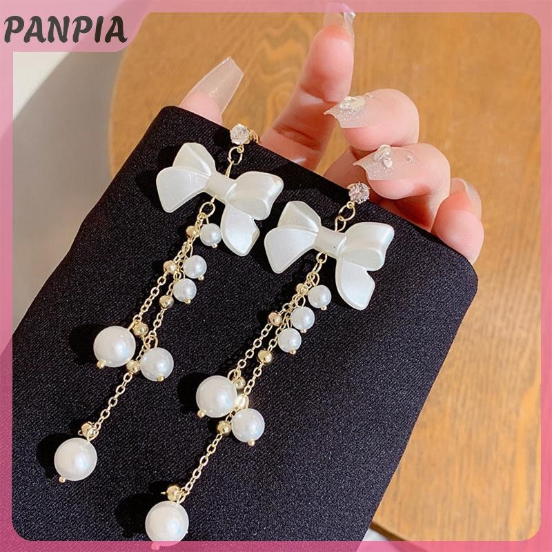 PANPIA-Phụ Nữ Dài Ngọc Trai Nơ Bông Tai Thanh Lịch Thẩm Mỹ Xu Hướng Hàn Quốc Tua Rua Tòn Ten Bông Tai Phụ Kiện Trang Sức Quà Tặng Cổ Tích