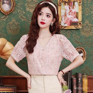 Áo sơ mi voan ngắn tay cổ chữ V màu hồng phong cách Pháp, vừa vặn mát mẻ mùa hè
