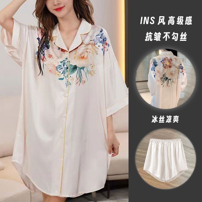 Hàng sẵn có Váy ngủ bằng lụa băng dành cho nữ 2025 Áo sơ mi cao cấp ngắn tay Bộ đồ ngủ Váy quần Short Bộ đồ gia đình