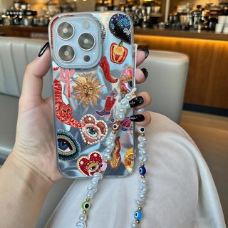 Retro Full Evil Eyes Ngọc Trai Dây Xích Ốp Lưng Tương Thích Cho iPhone 12 11 Pro Max 12 11 Pro XS Max XR X 7 8 Plus SE 2020 Trái Tim Tình Yêu Cô Gái Laser Vỏ Điện Thoại