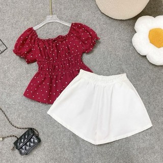 Set bigsize nữ áo bo eo tay phồng dễ thương tôn dáng nhiều màu sắc phối quần đùi lưng chun co giãn - A282+Q500