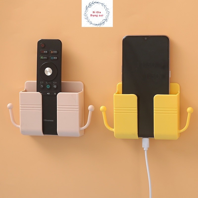 Giá Đỡ Dán Tường Để Sạc Điện Thoại, Remote, Ổ Cắm/ Kệ Đựng Đồ Dán Tường Kèm 2 Móc Treo Đồ