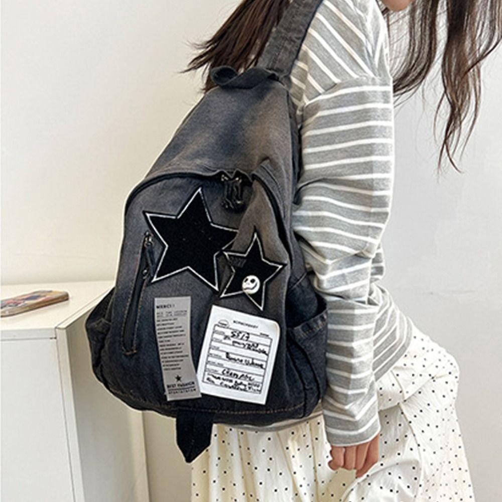 Ba lô đi học HIGHVIEWLS, Ba lô ngôi sao Denim họa tiết ngôi sao dung tích lớn, Túi đeo vai đôi Unisex Y2K thời trang phù hợp ngoài trời