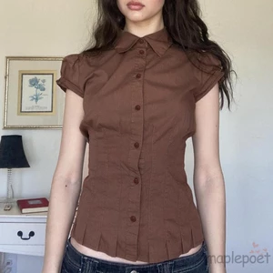 Maplepoet-áo Sơ Mi Nữ Tay Ngắn Màu Trơn Xếp Ly Nút Áo Thời Trang Mùa Hè Mỏng Áo Dạo Phố