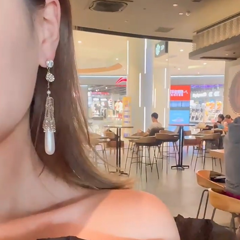 Hàn Quốc Công Nghiệp Nặng Nhẹ Sang Trọng Đá Quý Giọt Nước Hình Bầu Dục Bông Tai Dài Tua Rua Cao Cấp Influencer Bông Tai Mặt Tròn Sli