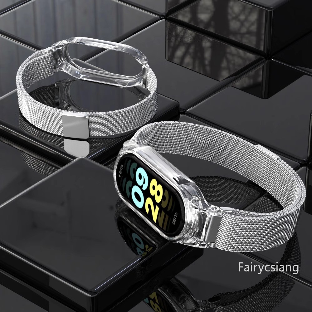 Dây đeo lưới kim loại cho Mi Band 9 8 Smartwatch Dây đeo cổ tay Xiaomi Mi Band 3 4 5 6 7 Vỏ trong suốt Dây đeo đồng hồ từ tính có vỏ trong suốt