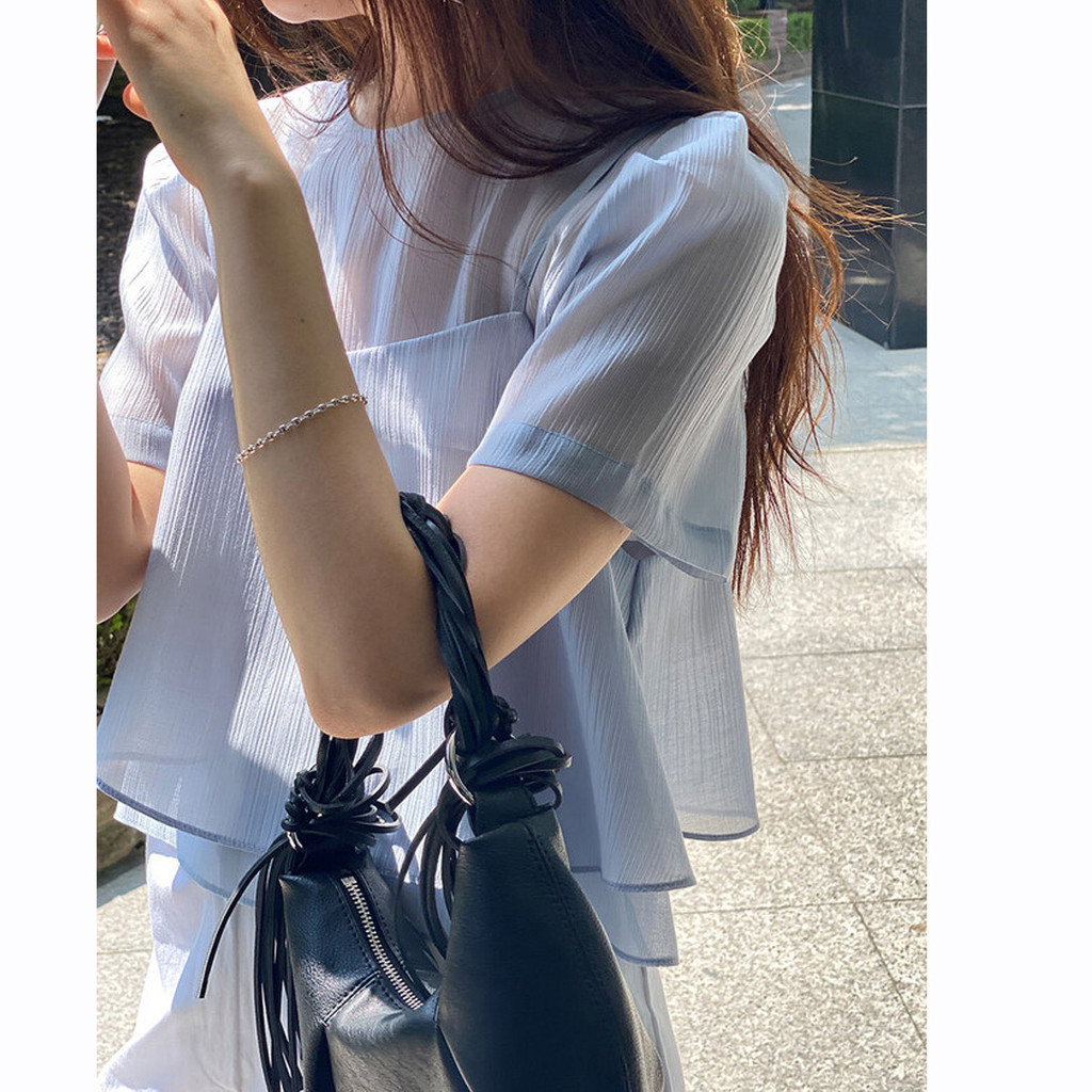 Suxi Hàn Quốc Sang Trọng Hai Mảnh Áo Sơ Mi Màu Trơn Tay Ngắn Cổ Tròn Áo Sơ Mi Nữ Top 240918