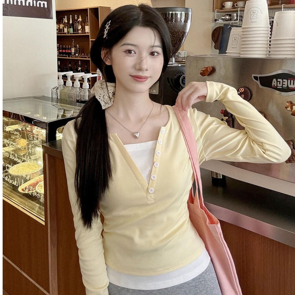 Suxi Dễ Thương Màu Ngọt Ngào Mới Đơn Giản Áo Thun Dài Tay Nữ Slim Fit Áo 240919