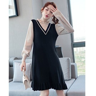 Mùa Thu Đông Đầm Dệt Kim Váy 2024 Phong Cách Mới Plus Size Đầm Nữ Béo mm Thời Trang Giảm Tuổi Màu Sắc Phù Hợp Với Cổ Tròn Giả Hai Mảnh