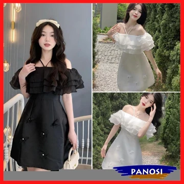Đầm trễ vai váy trễ midi dáng siêu xinh, váy trễ vai dây yếm đính ngọc sang choảnh V249 PANOSI