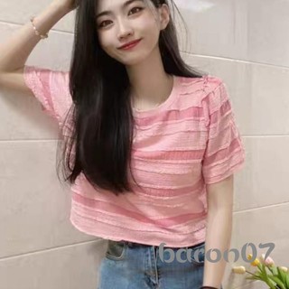 Áo thun nữ sọc cổ tròn tay ngắn mùa hè dáng rộng cho hàng ngày