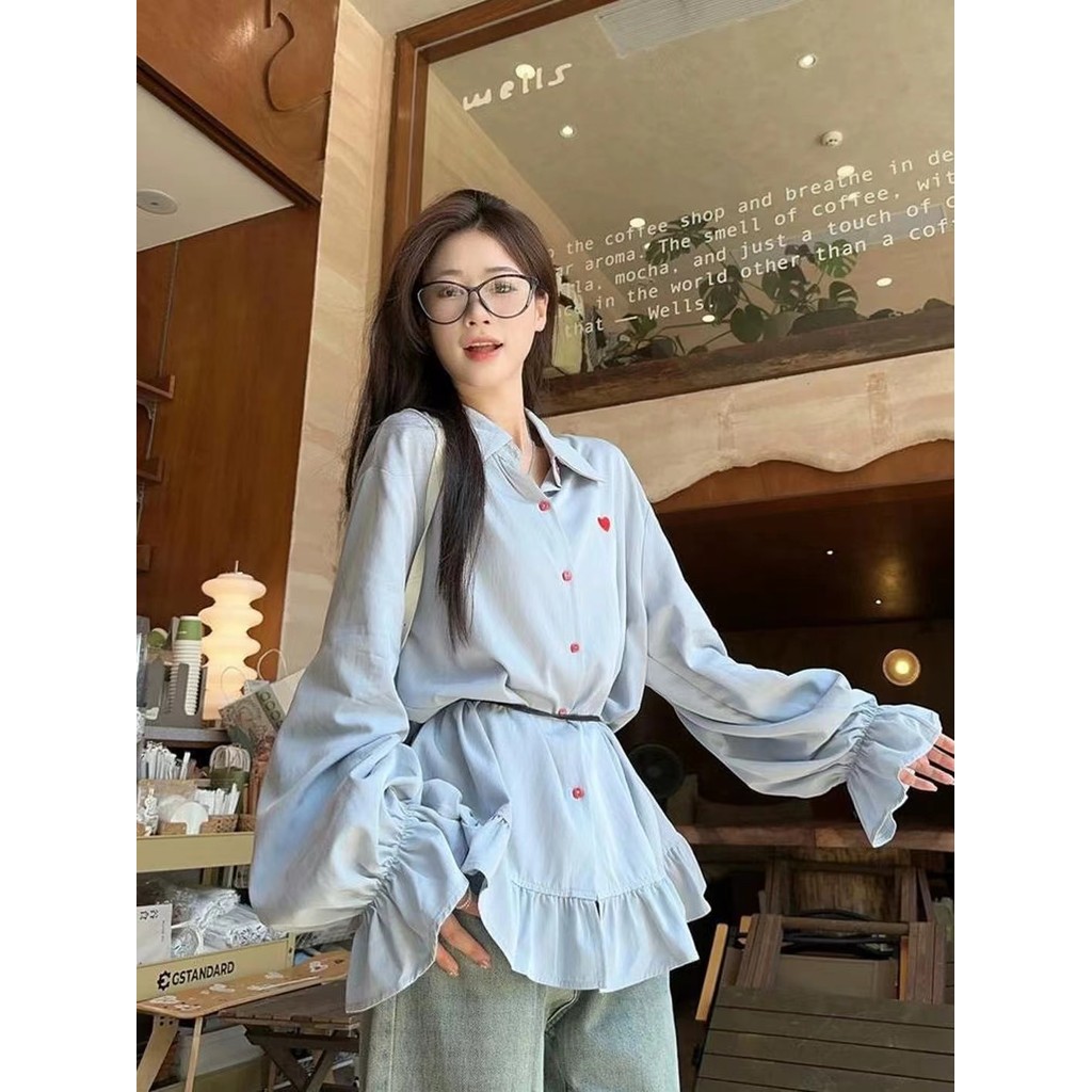 Suxi Pháp Retro Rời Mới Thường Ngày Mùa Thu Tình Yêu Thêu Lá Sen Edge Áo Dài Tay Nữ Top 241002