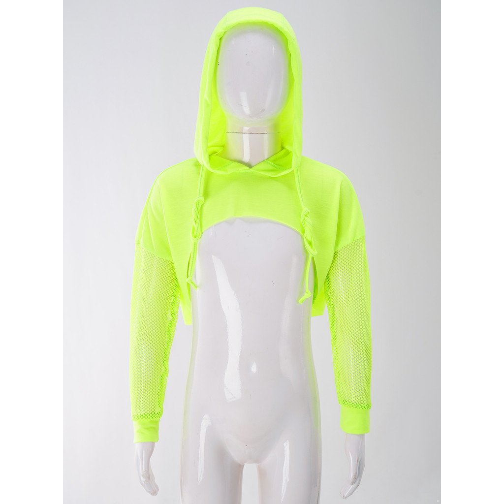 Nmy - 4-16 Trẻ Em Bé Gái Jazz Khiêu Vũ Trình Diễn Trang Phục Dây Rút Có Mũ Crop Top Sheer Lưới Chắp Vá Áo Khoác Tay Dài
