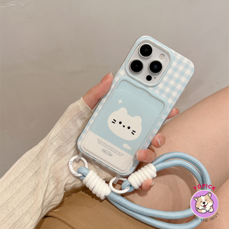 Dây đeo cổ tay mèo kẻ sọc màu xanh cho vỏ điện thoại cho IPhone 11 12 13Pro Max 14Plus 15 16 Pro XR XS Max 7 8 Plus SE2020 Vỏ điện thoại hoạt hình cho IPhone 16Pro Max Vỏ mềm Cô gái có dây GKB