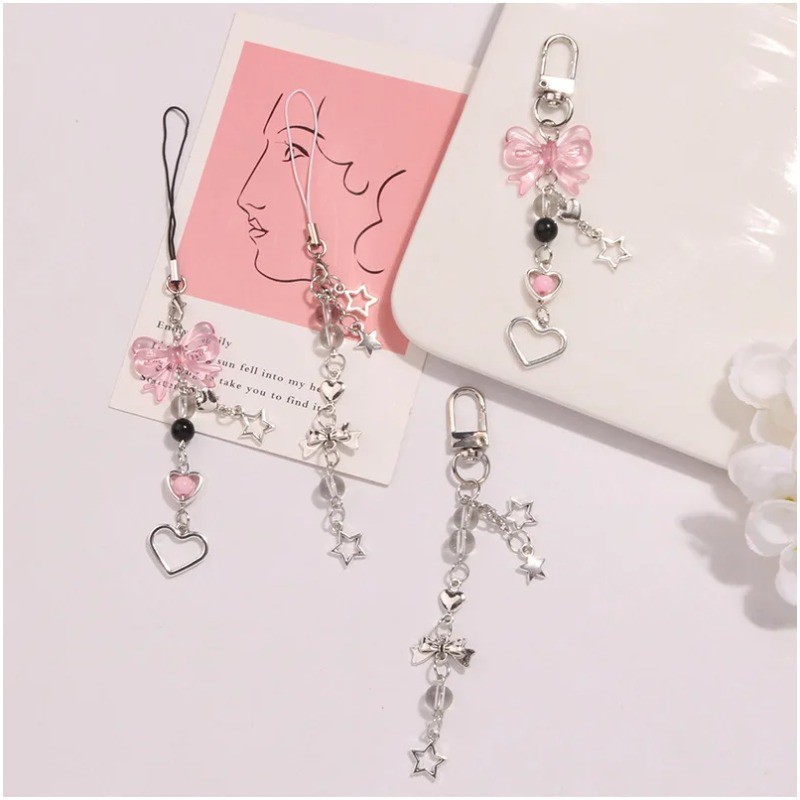 Kawaii Dễ Thương Y2K Dây Đeo Điện Thoại Quyến Rũ Nơ Trái Tim Ngôi Sao Móc Khóa Mặt Dây Chuyền Móc Chìa Khóa Túi Dây Xích Điện Thoại Phụ Kiện Cho Chìa Khóa Tất Cả Các Vỏ Điện Thoại