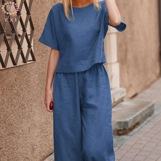 Bộ hai mảnh cotton và lanh thanh lịch, short sleeves, phù hợp cho nữ vào mùa hè