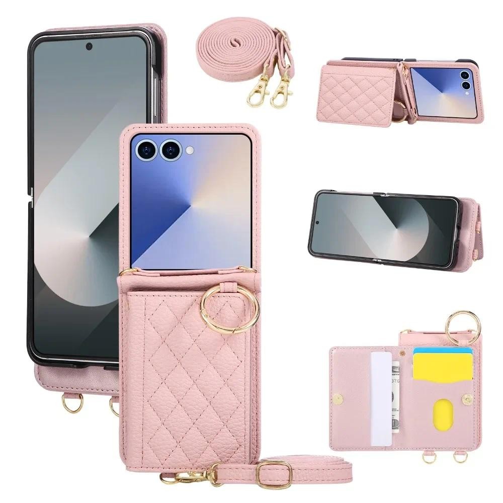 Ví Đeo Ngang Nhẫn Vỏ Điện Thoại Coque Cho Samsung Galaxy Z Flip 7 6 5 4 3 Flip7 Flip6 Flip5 Khe Cắm Thẻ Da Kinh Doanh
