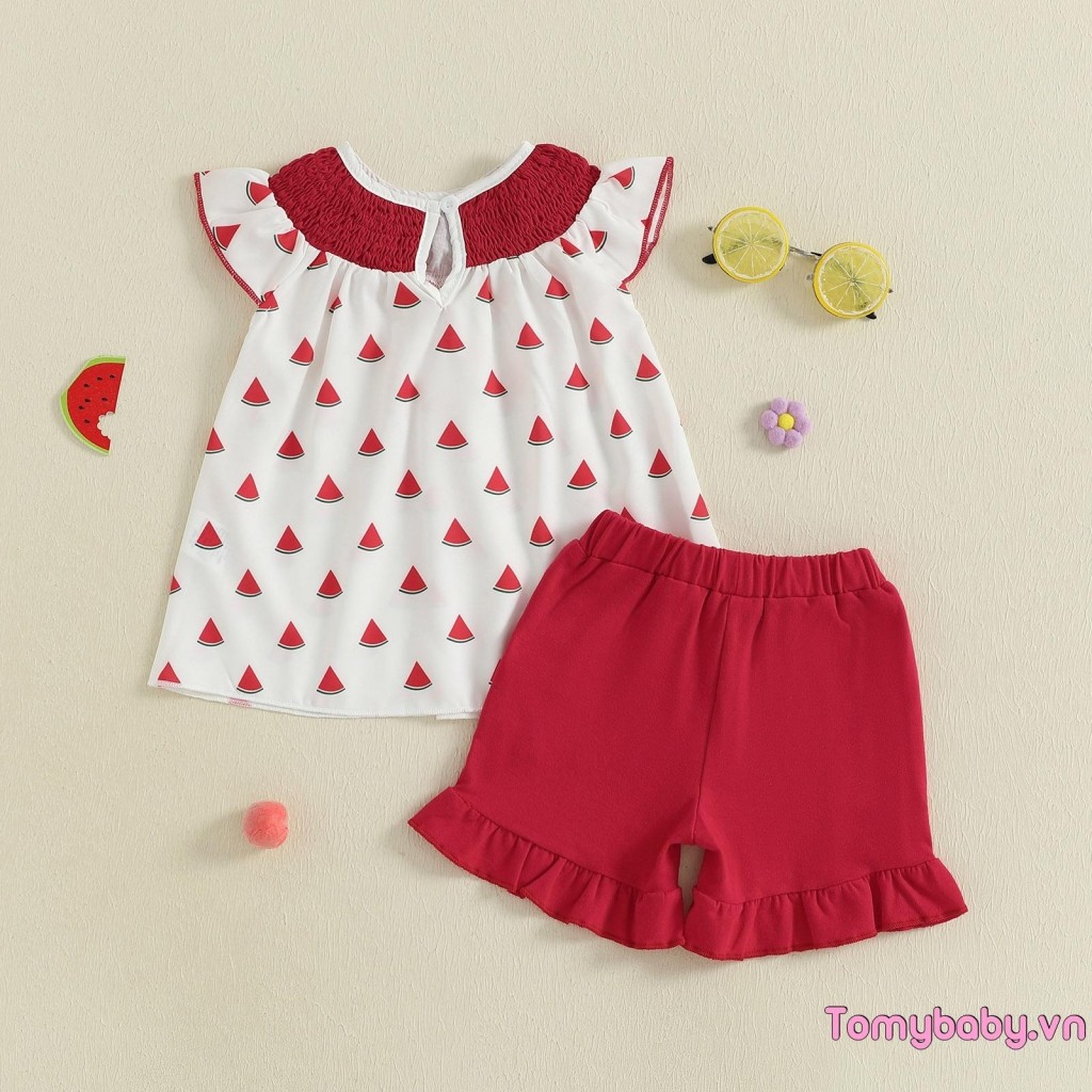 Bộ trẻ em bé gái không tay cổ tròn in hình dưa hấu + quần short Trang phục 2 món mùa hè