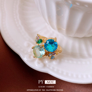 Nhẫn nữ thiết kế hình học sáng tạo với đá zircon nhiều màu sắc, phong cách châu Âu và Mỹ