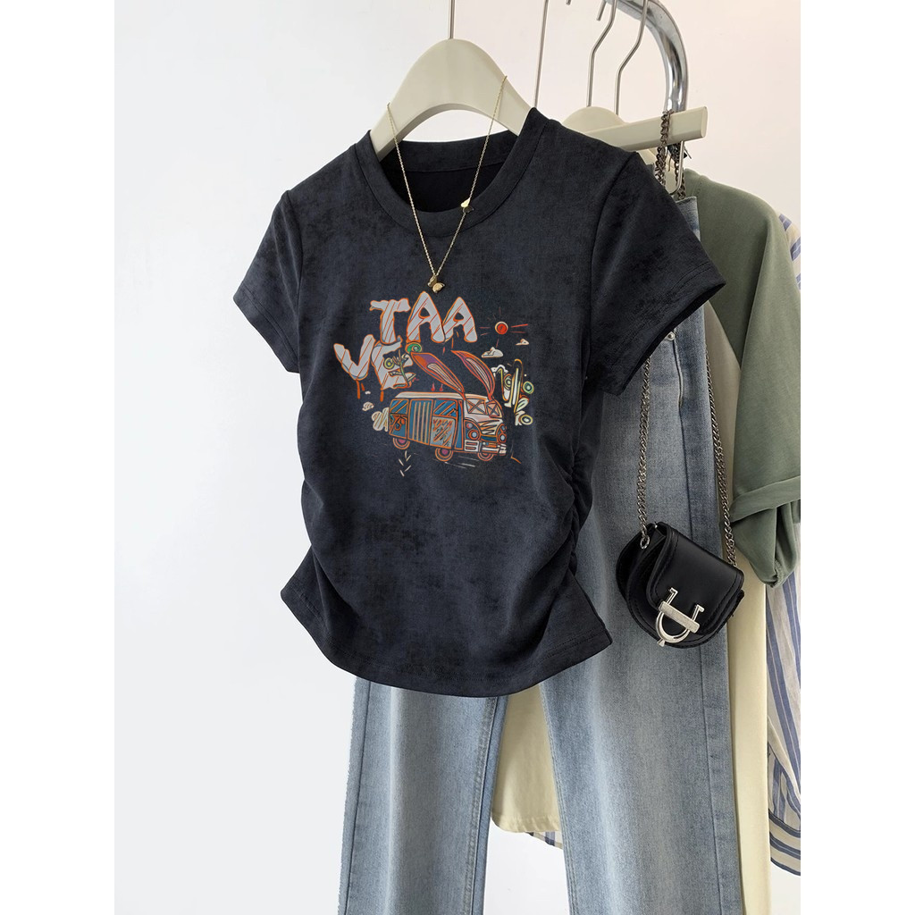 XUANMO Local brand Áo baby tee Áo Thun ôm body Áo y2k cotton Áo thun nữ cổ tròn phong cách cổ điển kiểu Mỹ