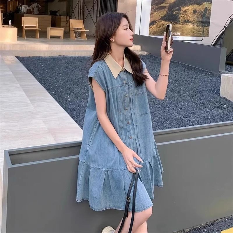 [YU]Váy sơ mi denim chắp vá cá tính, phong cách học đường, form rộng, dài vừa, thoải mái.