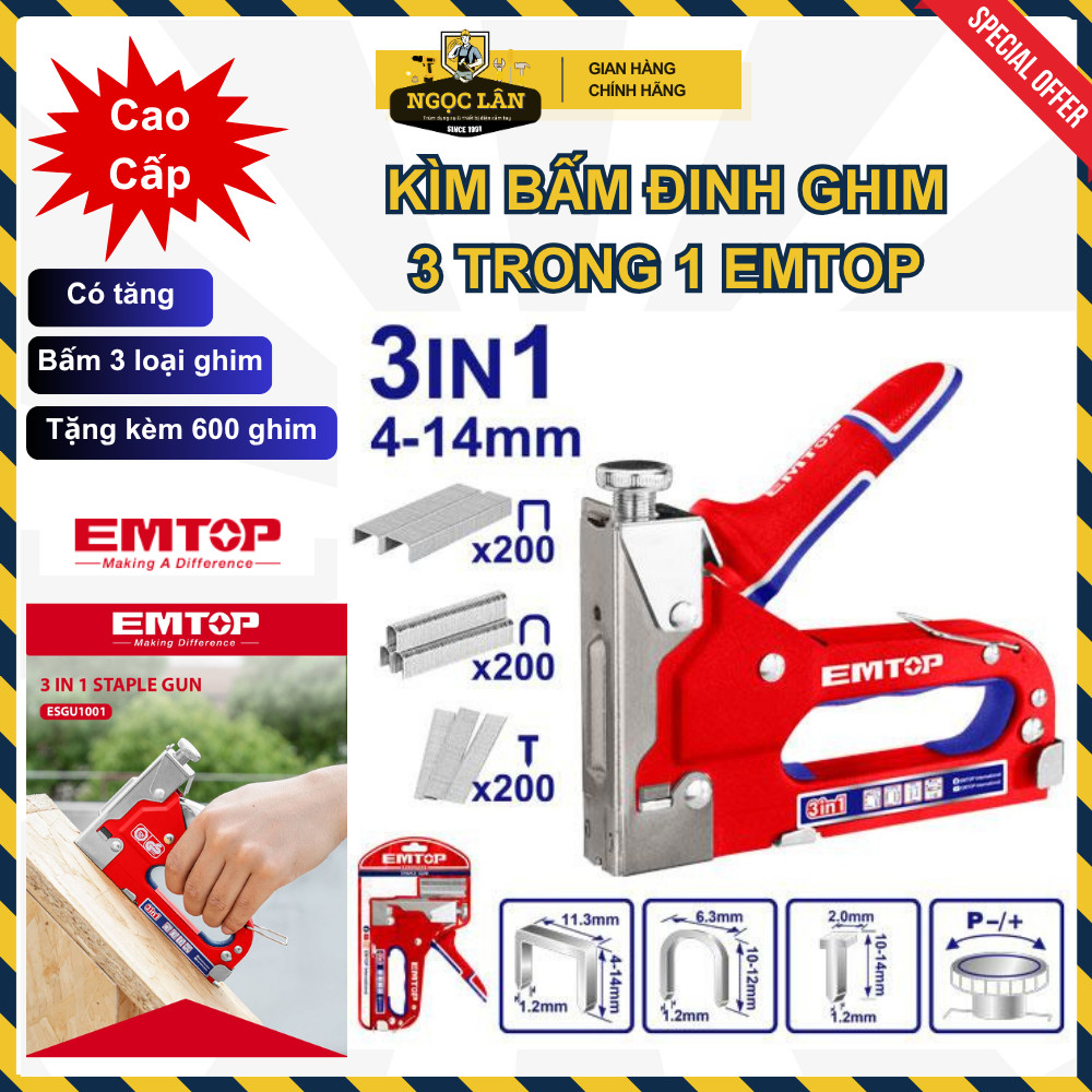 [Chính hãng] Kìm bắn đinh ghim 3 chức năng EMTOP bấm 3 loại đinh u, cổng, thẳng có chỉnh lực cao cấp