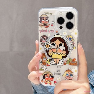 Dễ Thương Trong Suốt Cạnh Khóc Búp Bê Xoay Hoa Giá Đỡ Từ Tính Vỏ Điện Thoại Di Động Thích Hợp Cho iPhone17 16 15 14 13 ProMax Chống Sốc Bảo Vệ Camera Ốp Lưng Cứng Chống Rơi