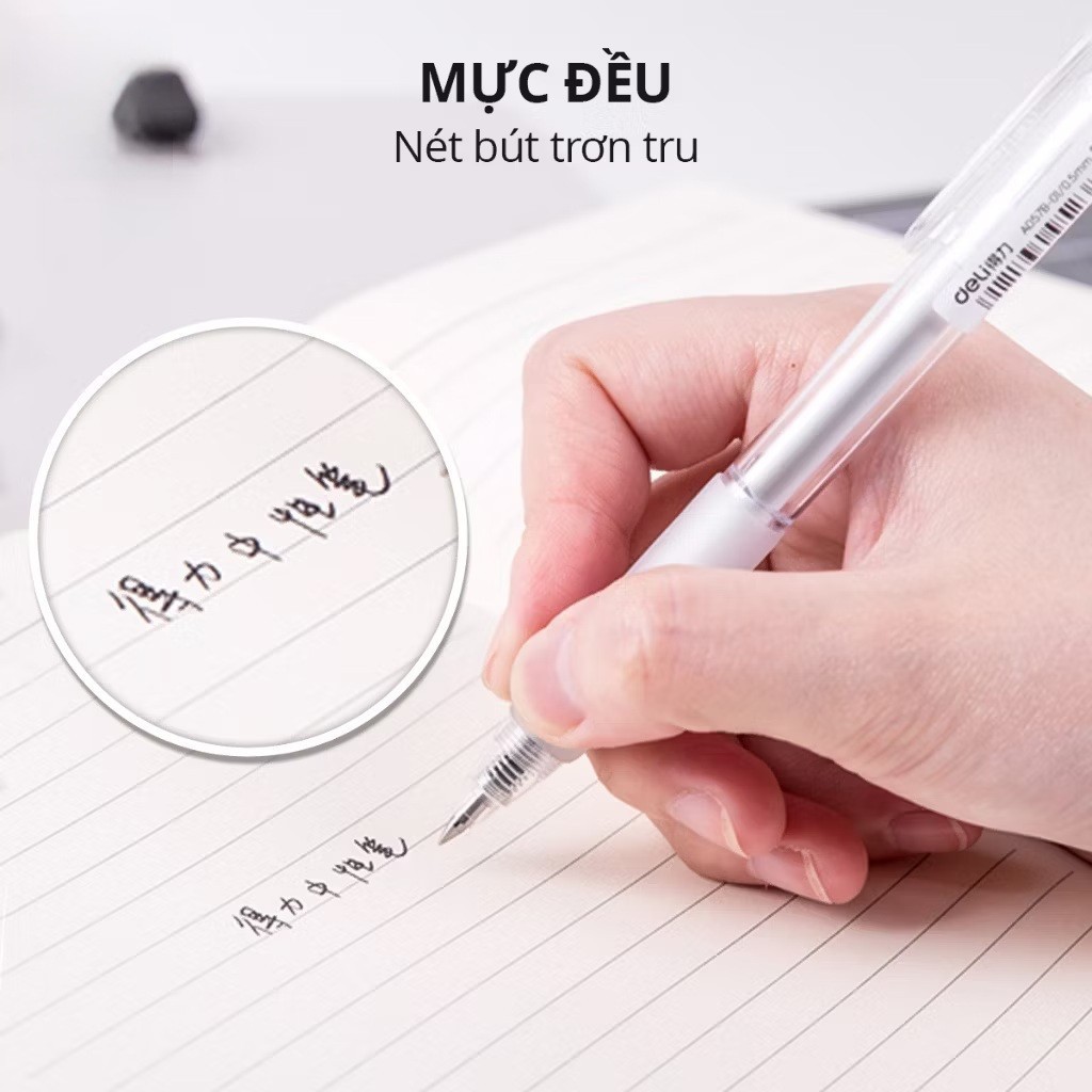 Bút bi gel, Bút bi bấm mực màu đen Deli A507B vỏ trong suốt ngòi 0.5mm
