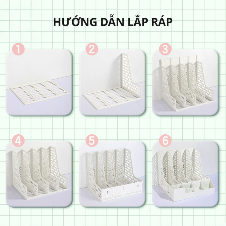 Kệ Đựng Tài Liệu Văn Phòng 4 Ngăn Kèm Khay Đựng Bút, Kệ Đựng Sách Vở Để Bàn Gấp Gọn Tặng Sticker