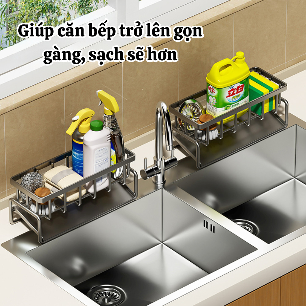 Kệ để đồ rửa chén bát, Giá đựng đồ rửa bát chất liệu thép không gỉ tích hợp giá treo khăn tiện lợi