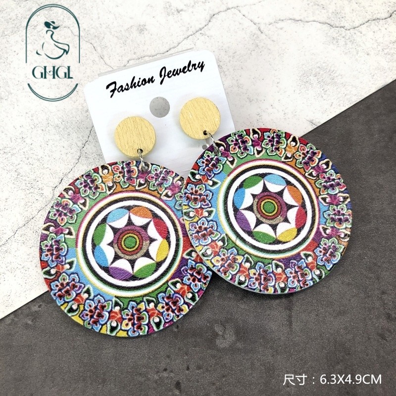 Bông tai gỗ Bohemian nguyên bản cho bé gái, hình học in phóng đại, phù hợp kỳ nghỉ, sang trọng
