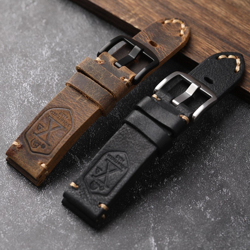 Dây đồng hồ da thật 22mm 24mm 26mm phong cách quân sự cho SEIKO Diver, nam nữ, vòng tay lặn, thủ công cổ điển