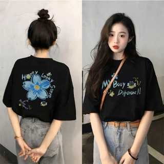 Áo thun tay ngắn in hình nữ, unisex, dáng rộng cổ tròn, phong cách OOTD