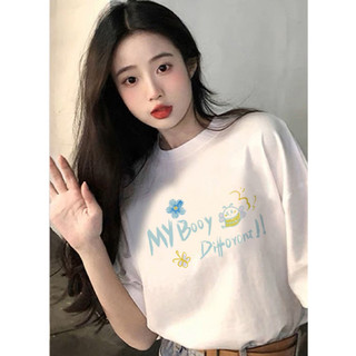 Áo thun tay ngắn in hình nữ, unisex, dáng rộng cổ tròn, phong cách OOTD
